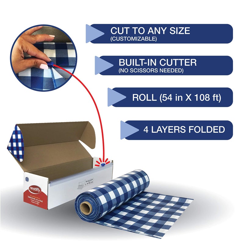 Neatiffy Disposable Plastic Table Cloth Roll | 54 in x 108 Ft Waterproof Tablecloth | Table Cover for Rectangle, Square, Round Oval Tables | Picnic, Party, Banquet, Birthdays, Weddings - Blue Gingham - Image 5